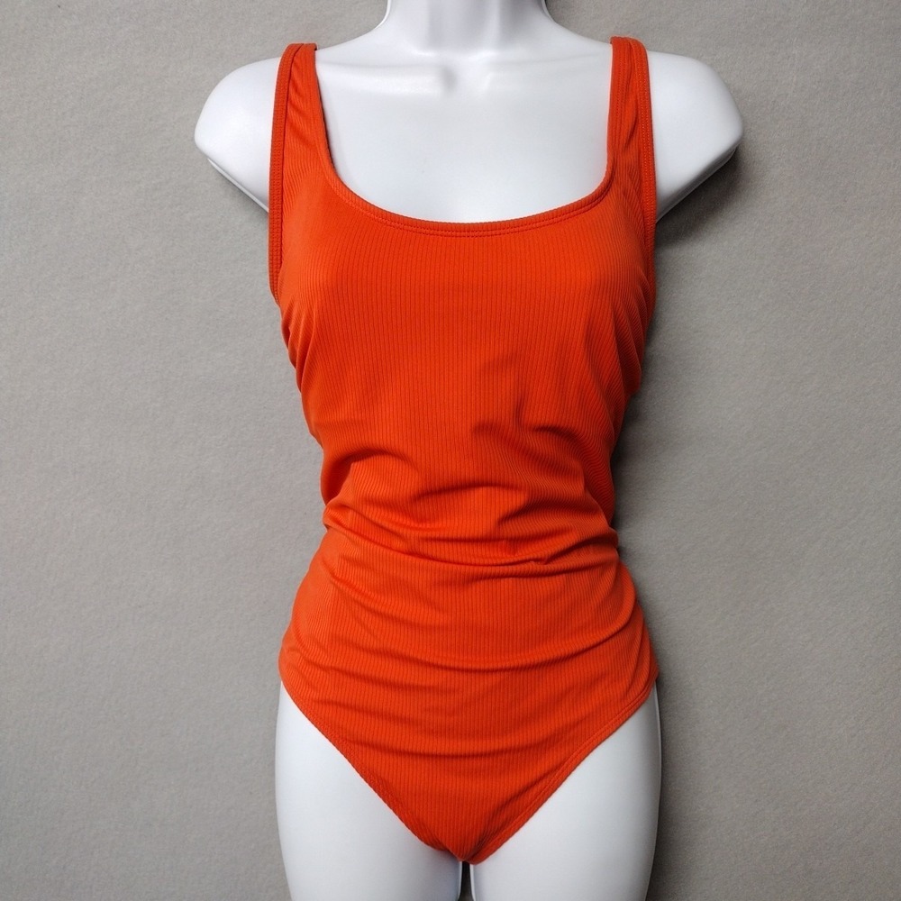 Catalina Womens L One Piece Swimsuit Red Orange Ribbed Ruched Low Back